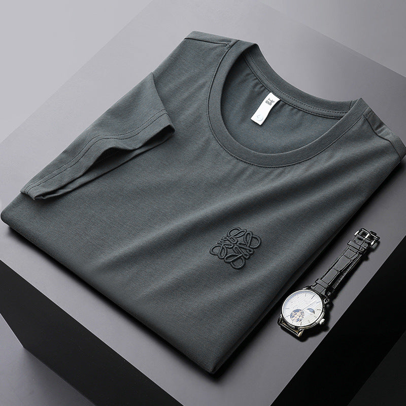 GOOSUDU Heavy European Goods Mercerized Cotton Short Sleeve T-shirt Men's Slim Fit Fashion High-End Embroidery round Neck Half Sleeve Boy's Undershirt Fashion