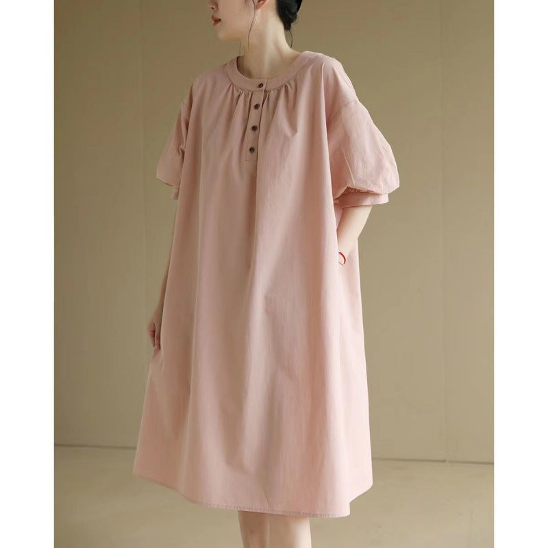 Literary retro crew neck short-sleeved dress  summer new loose large size small medium and long women's dress