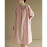 Literary retro crew neck short-sleeved dress  summer new loose large size small medium and long women's dress