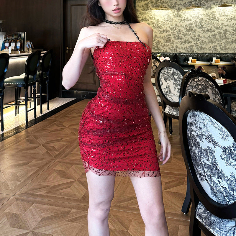 2025 style popular autumn new women's clothing fashionable retro red sequined sleeveless off-the-shoulder hip dress