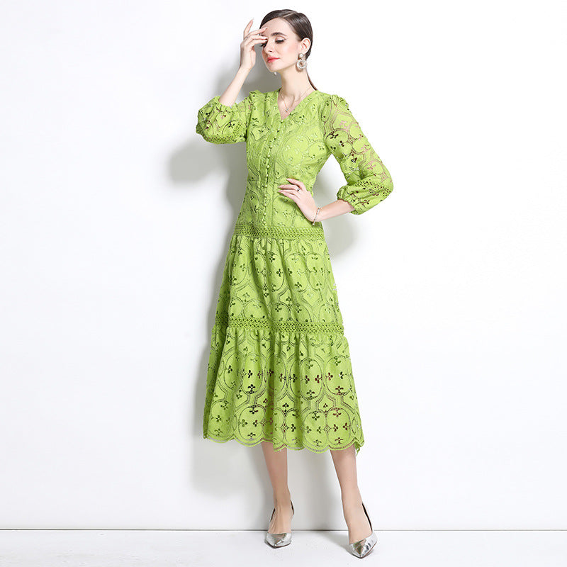 spring new women's dress new  retro hollowed crochet waist lantern sleeve big swing dress