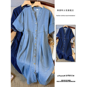 casual denim thin slim dress women's summer dress new fat mm fashion versatile meat cover medium and long dress