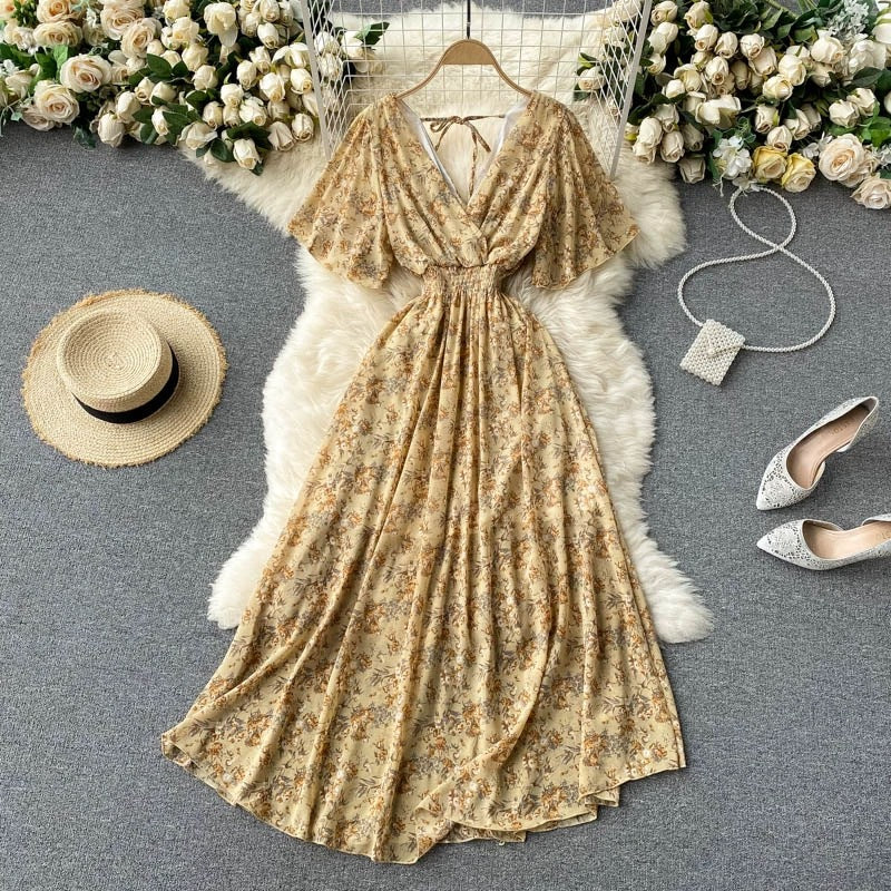 Seaside Holiday Dress Summer 2025 New Sexy V-neck Tight Waist Slimming Long Chiffon Floral Beach Dress
