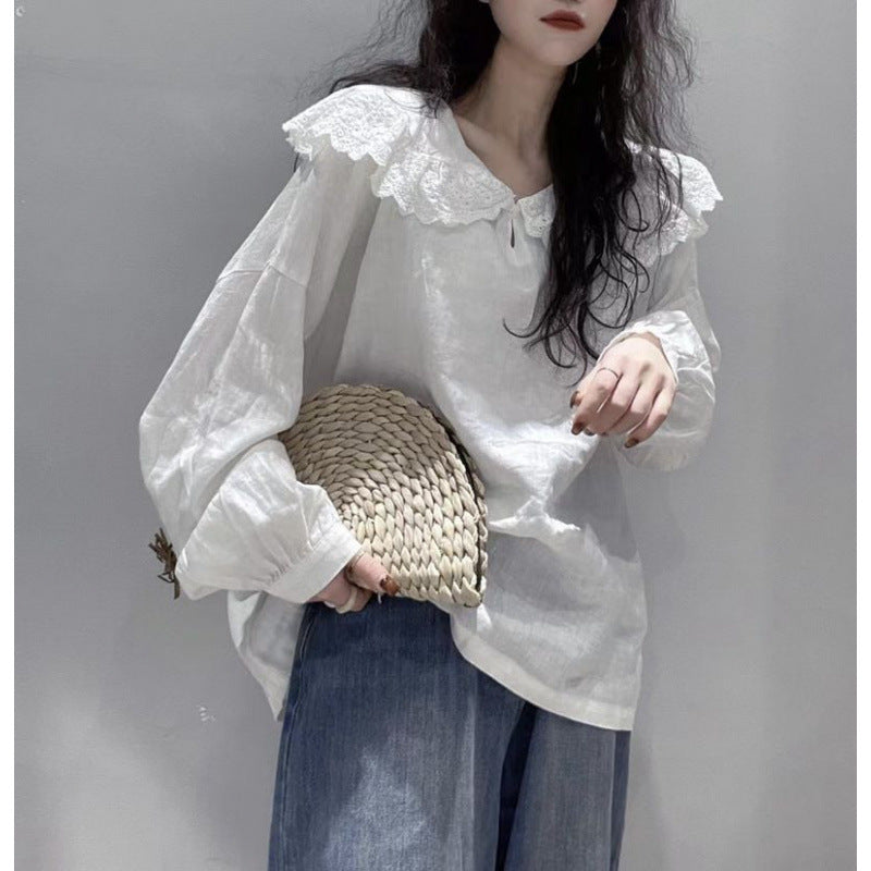 Plato temperament doll collar sweet design niche white cotton and linen comfortable shirt women