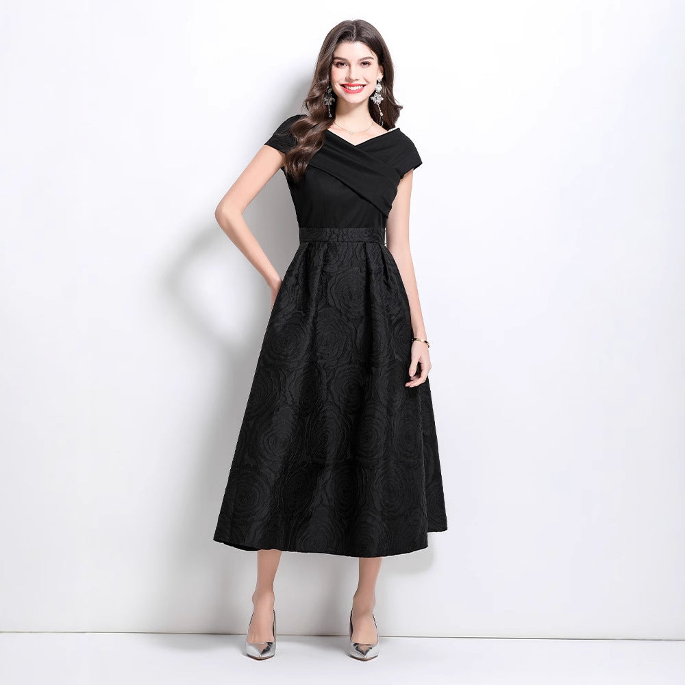 dress women's  new skirt one-word shoulder splicing waist jacquard pendulum puffy dress