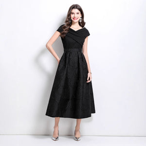 dress women's  new skirt one-word shoulder splicing waist jacquard pendulum puffy dress