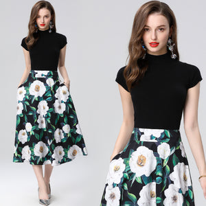 Floral skirt set Women's  early spring new wear a complete set of knitted cardigan tops two-piece set