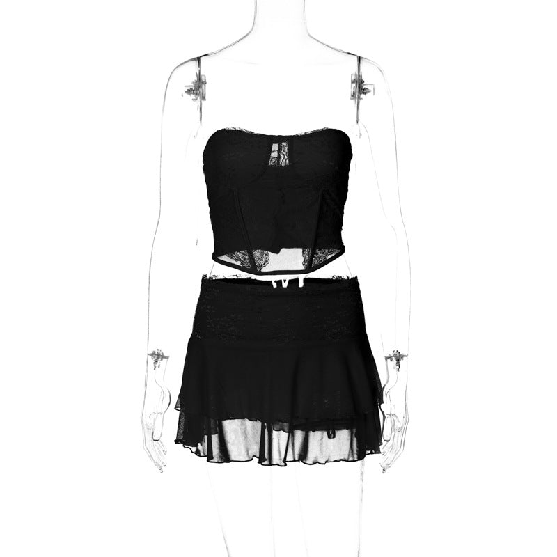 GOOSUDU 2025 explosive new women's clothing sexy collage lace perspective chest wrap ultra-short double-layer pure desire short skirt suit women