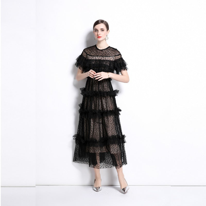 celebrity style high-end polka dot dress women's summer mesh fungus edge design light luxury temperament long skirt