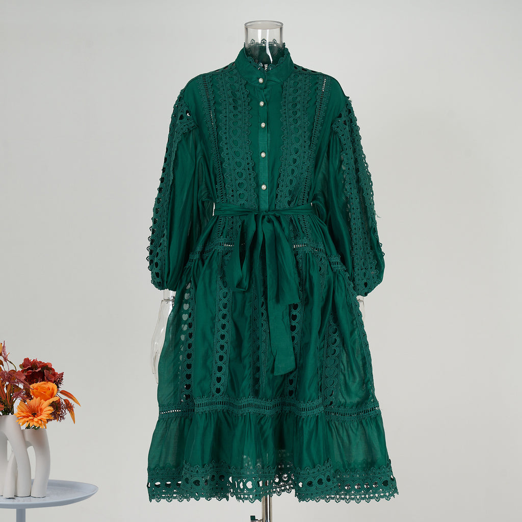 Real spot Bohemian vacation style hollow lace semi-turtleneck lantern sleeve Tencel cotton short dress