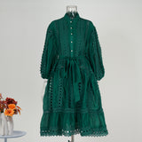 Real spot Bohemian vacation style hollow lace semi-turtleneck lantern sleeve Tencel cotton short dress