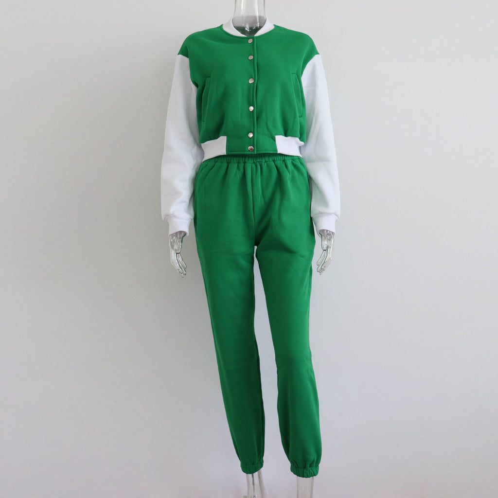 GOOSUDU New 2025 autumn and winter color matching long-sleeved short sweater baseball jacket women's two-piece leggings suit fashion and leisure