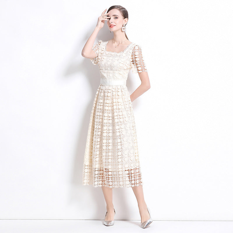 Summer  Retro Premium Sense Water Soluble Lace Sexy Square Neck Bubble Sleeve Waist Dress Slim Fit Long Dress
