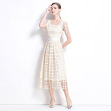 Summer  Retro Premium Sense Water Soluble Lace Sexy Square Neck Bubble Sleeve Waist Dress Slim Fit Long Dress
