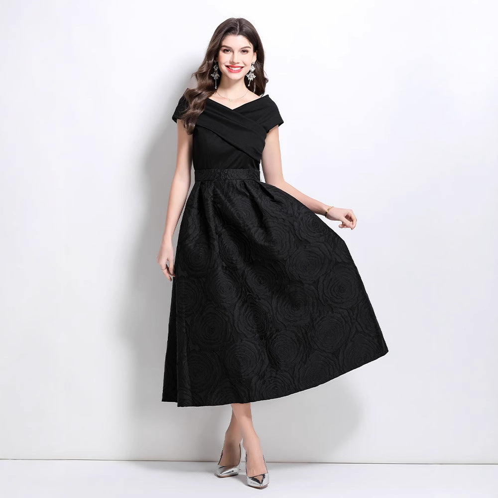 dress women's  new skirt one-word shoulder splicing waist jacquard pendulum puffy dress
