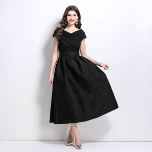 dress women's  new skirt one-word shoulder splicing waist jacquard pendulum puffy dress