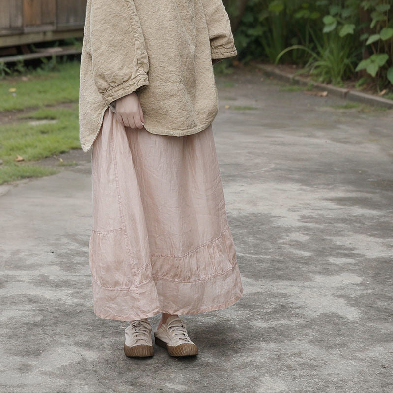Shan Qian Nianyi, simple and atmospheric solid color women's medium and long skirt literary ramie double-layer skirt in spring and autumn
