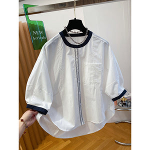 White Crew Neck Shirt Women's Short Sleeve  New Loose Commuter Cotton Five-Sleeve Medium Sleeve Doll Shirt Top Summer