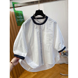 White Crew Neck Shirt Women's Short Sleeve  New Loose Commuter Cotton Five-Sleeve Medium Sleeve Doll Shirt Top Summer