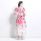 Spring and Summer Vacation New Flower Oil Painting Wind Lace Splicing V-Neck Long Dress