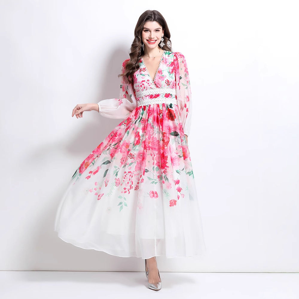 Spring and Summer Vacation New Flower Oil Painting Wind Lace Splicing V-Neck Long Dress