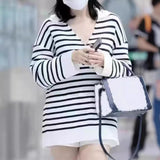 2025 Now Yang Zi Shen Meng has the same black and white striped lazy knitted sweater autumn and winter sweater V-neck pullover loose lapel top.