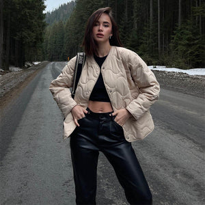 GOOSUDU Crew neck breasted cotton clothes 2025 New autumn and winter new tops loose long sleeve pockets colored cotton-padded clothes women's wholesale