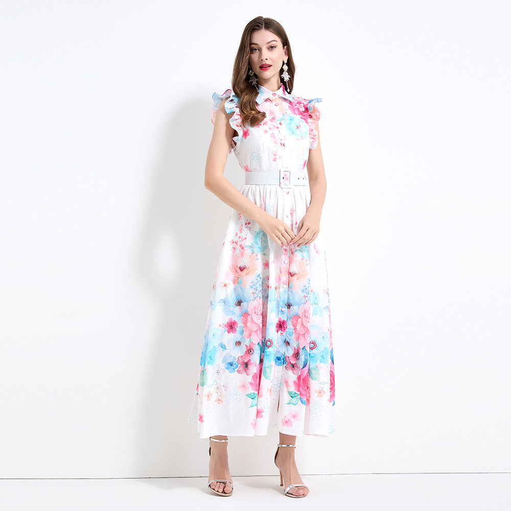 elegant women's dress  summer retro waist and thin lapel small flying sleeve printed big swing dress