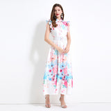 elegant women's dress  summer retro waist and thin lapel small flying sleeve printed big swing dress