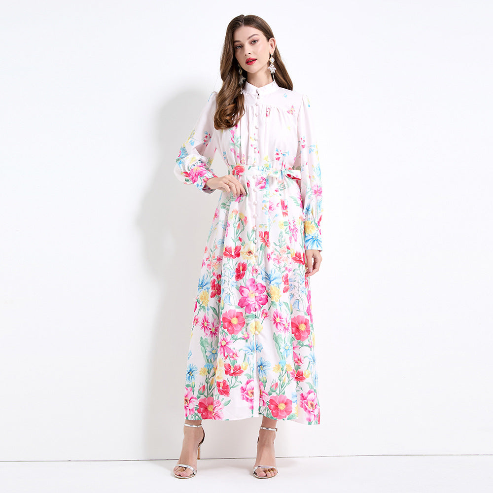 new  holiday style elegant long dress women's strap waist lantern sleeve printed pendulum dress