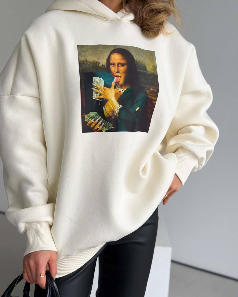 Mona Lisa funny fun print hooded loose lazy oversize long sleeve sweater jacket women