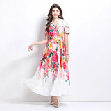 niche fashion retro suit collar sleeveless waist printed dress women's thin big swing elegant long skirt