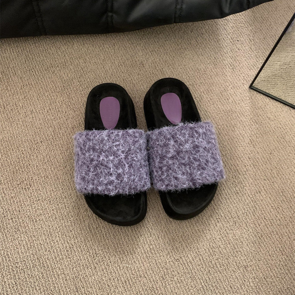 2025  Warm winter~ Mao Mao shoes women's heightened thick soles popular spring and autumn evening breeze soft soles one-word plush cotton slippers outer wear