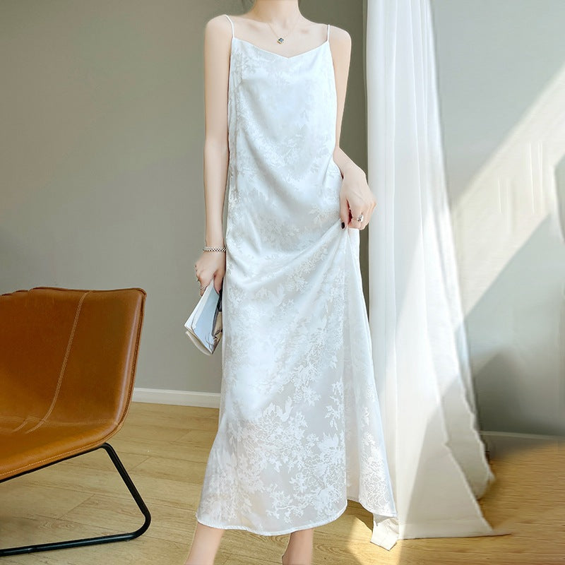 Silk Satin Acetate Summer New Women's Clothing Fashion V-neck Jacquard Slim Sexy Sleeveless Camisole Dress