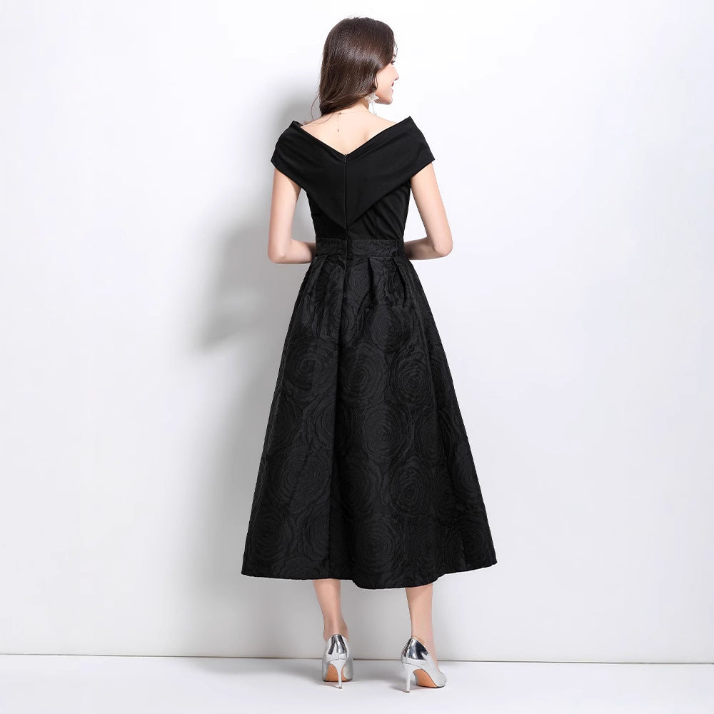 dress women's  new skirt one-word shoulder splicing waist jacquard pendulum puffy dress