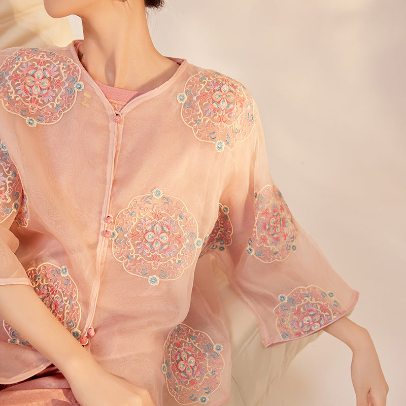New Chinese light lotus root pink mulberry silk shirt summer thin high-end heavy industry embroidered loose top M6032