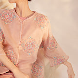 New Chinese light lotus root pink mulberry silk shirt summer thin high-end heavy industry embroidered loose top M6032
