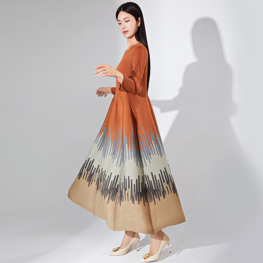 2025 Processing Customized Hot Trade Women's Clothing New Long Sleeve Printed Crew Neck Dress  Folded Long A-shaped Dress