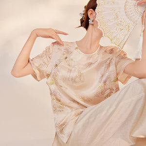 Light Chinese style national style new summer three-dimensional relief design sense buckle solid color mulberry silk short-sleeved t-shirt women's M6015