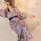 Early autumn retro V-neck design sense of temperament, advanced sense of improved Hanfu waist slim silk dress women M8016