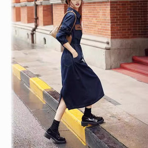 2025 Hong Kong-style retro shawl denim dress women's  autumn niche chic waist thin medium and long skirt