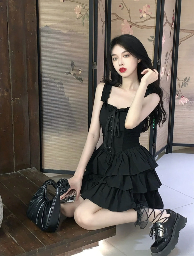 Strap Dress Women's Summer Pure Desire Sexy Ruffles Elegant High Sense Cake Short Skirt Black Dress