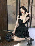 Strap Dress Women's Summer Pure Desire Sexy Ruffles Elegant High Sense Cake Short Skirt Black Dress
