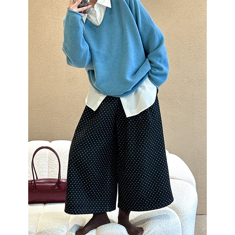 2025 popular autumn and winter new Korean high waist loose straight design polka dot velvet eight-point pants 2820-1