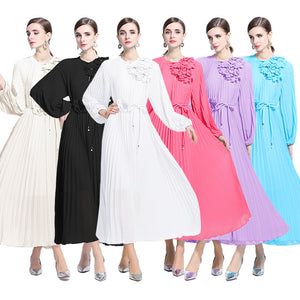 celebrity temperament dress women's high-end sense unique design flower slim and thin pleated long dress