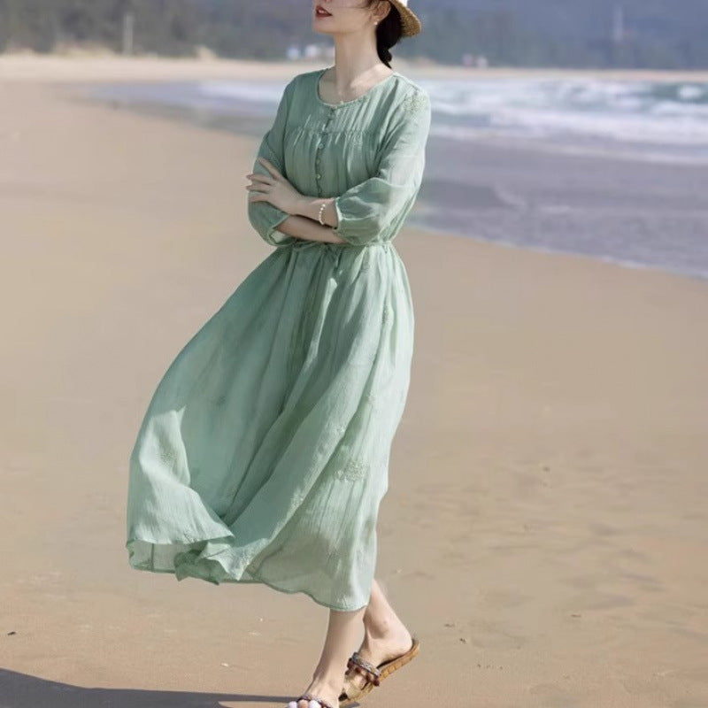 Dress  summer new temperament embroidery thin mid-sleeved big pendulum cool travel fairy vacation dress