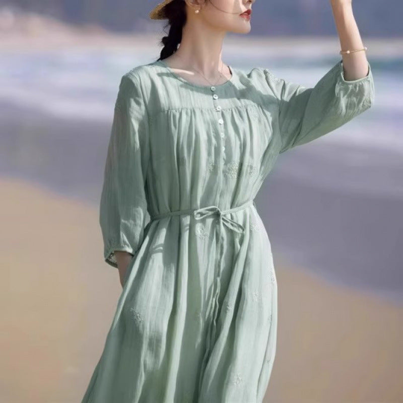 Dress  summer new temperament embroidery thin mid-sleeved big pendulum cool travel fairy vacation dress
