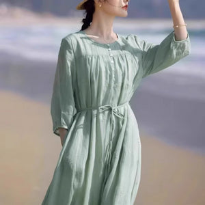 Dress  summer new temperament embroidery thin mid-sleeved big pendulum cool travel fairy vacation dress