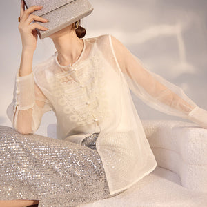 spring new Chinese style temperament suit design sense niche top sequined skirt women M3069