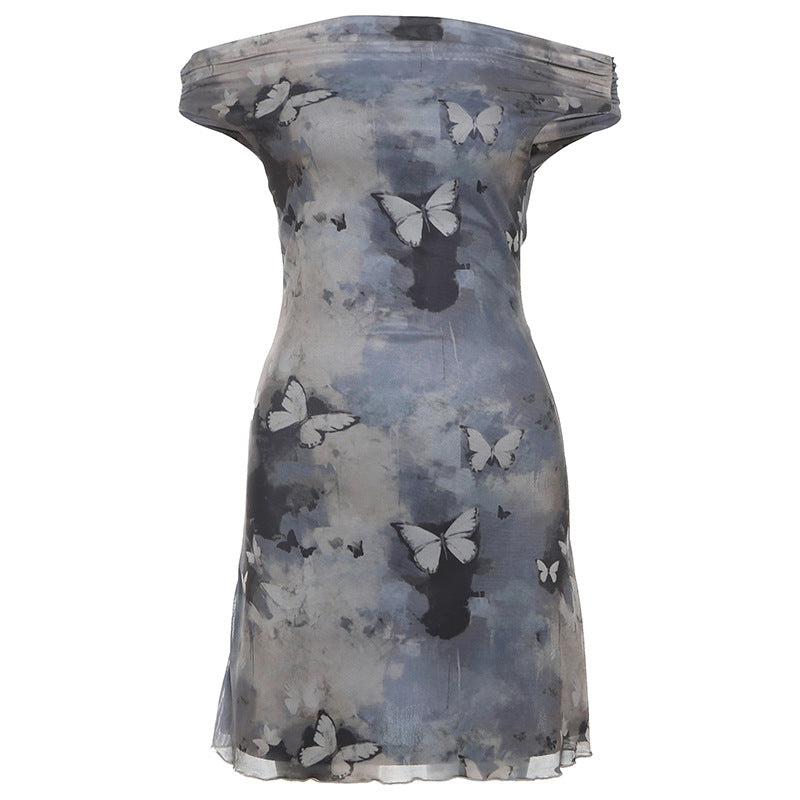 2025 style popular summer new women's clothing retro butterfly smudge printing mesh one-word collar dress